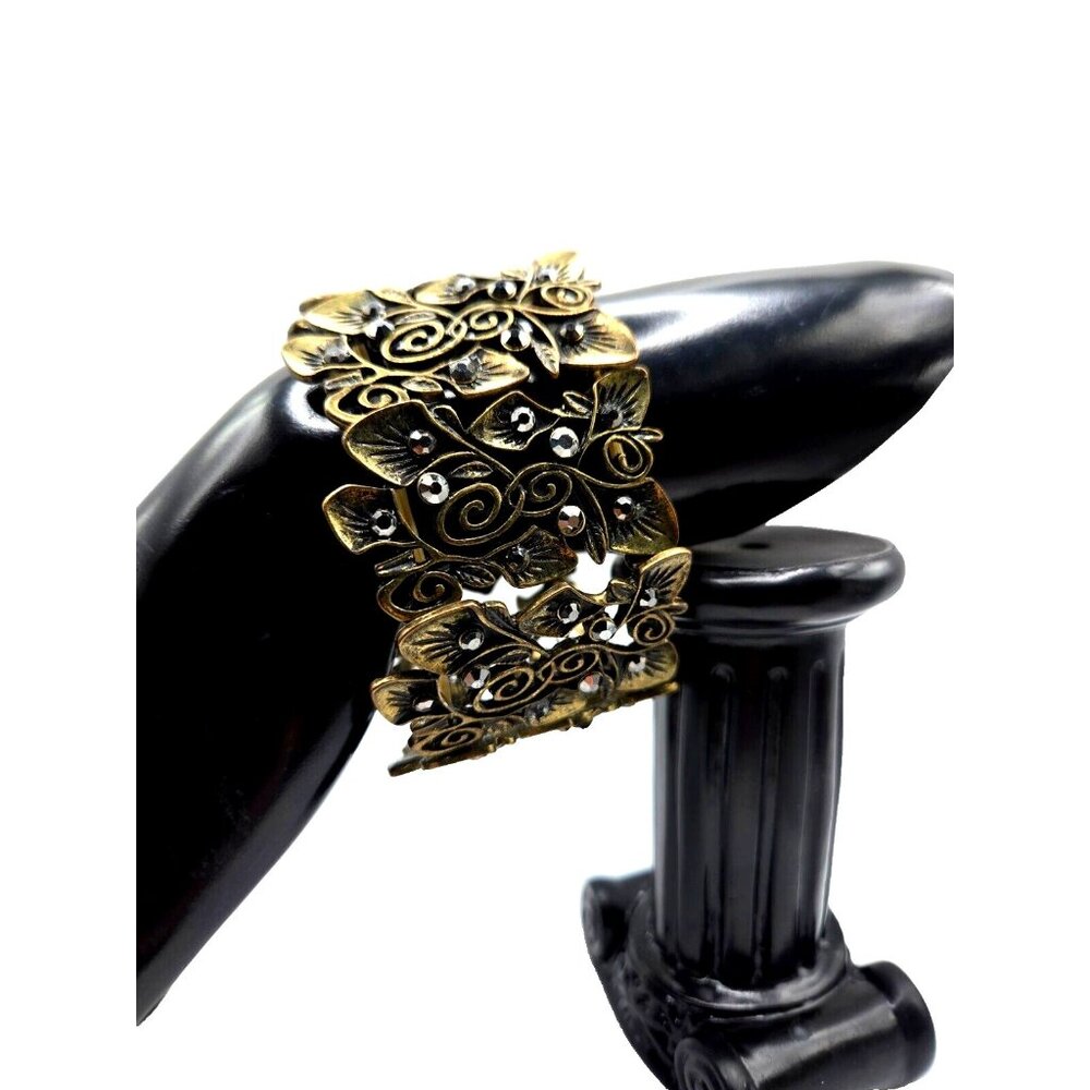 Gorgeous Vintage Metal and Black Rhinestone Stretch Cuff Bracelet 1.5" thick